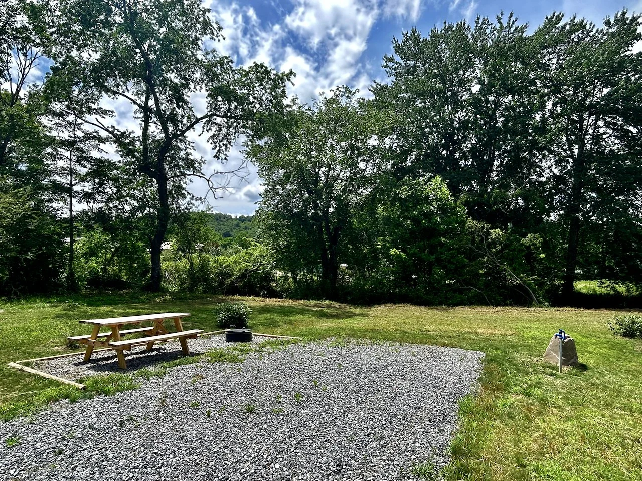 A gravelly outdoor picnic area with a wooden picnic table and benches, surrounded by trees and greenery, under a partly cloudy sky.