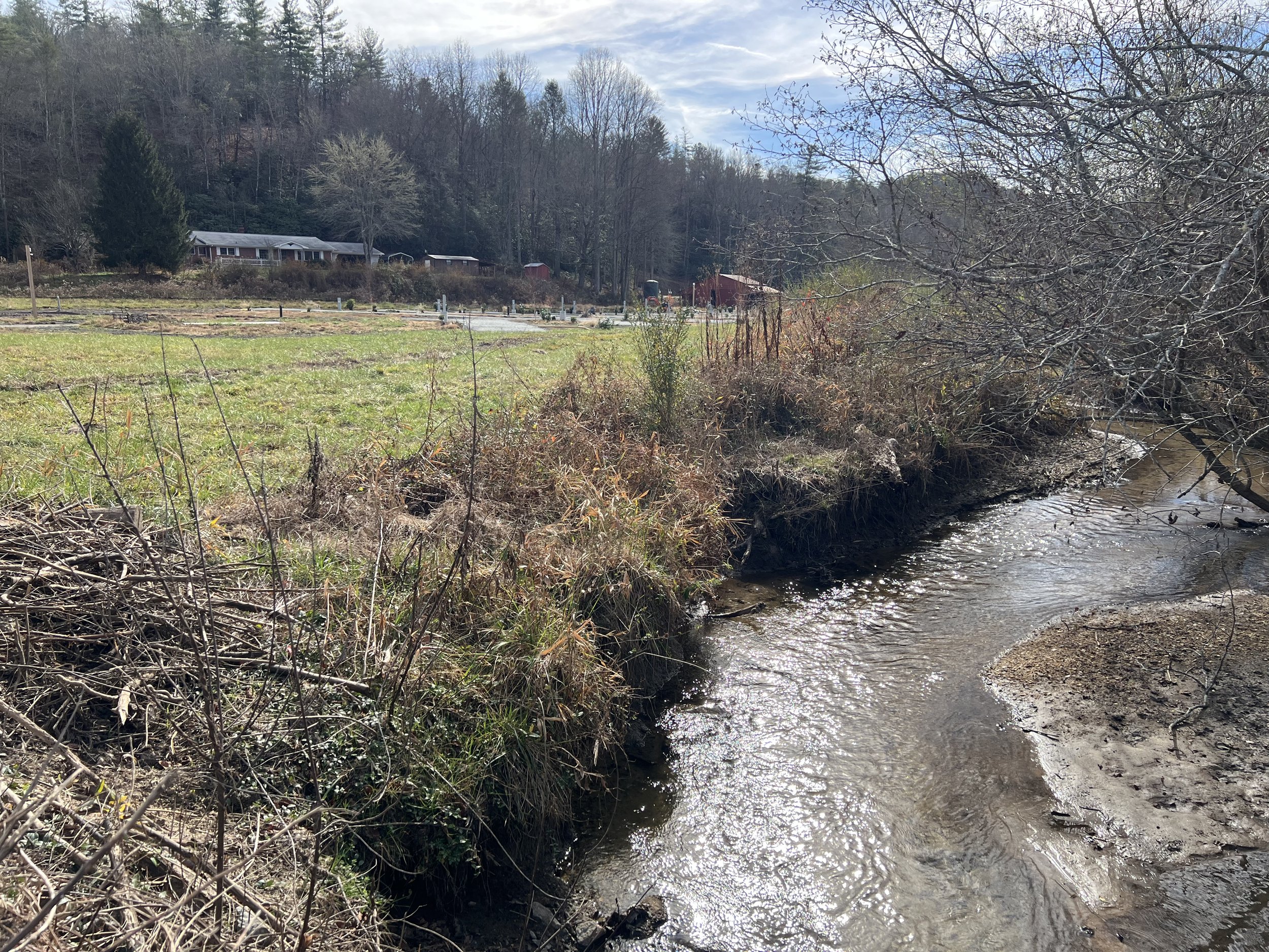 A small stream flowing through a rural landscape with a grassy field on one side and leafless trees on the other, under a partly cloudy sky.
