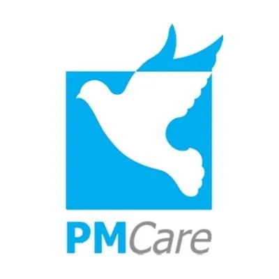 Logo of PM Care featuring a white dove inside a blue square.