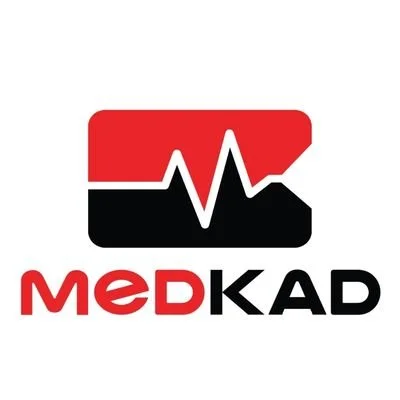 Logo with a red and black rectangular shape and a heartbeat line, accompanied by the text 'MEDKAD' in red and black.