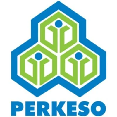 Logo with three interconnected hexagons, each containing a stylized human figure with arms raised, and the word 'PERKESO' written below in blue.