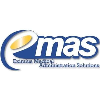 Emas Medical Administration Solutions logo with a blue and yellow design.