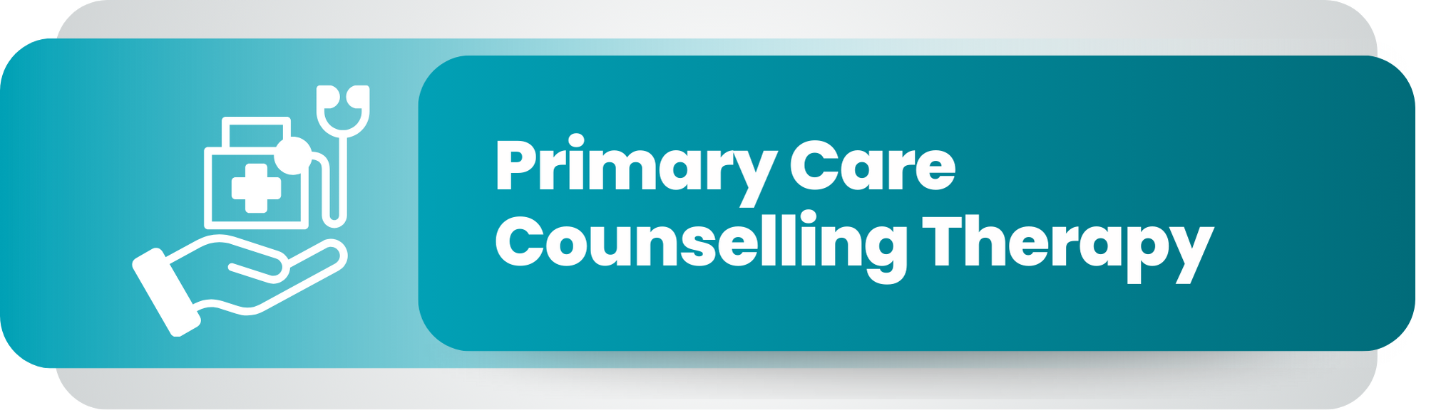 A digital graphic with a hand holding a first aid kit and medical tools on the left, and the text 'Primary Care Counselling Therapy' on the right in white font on a blue background.