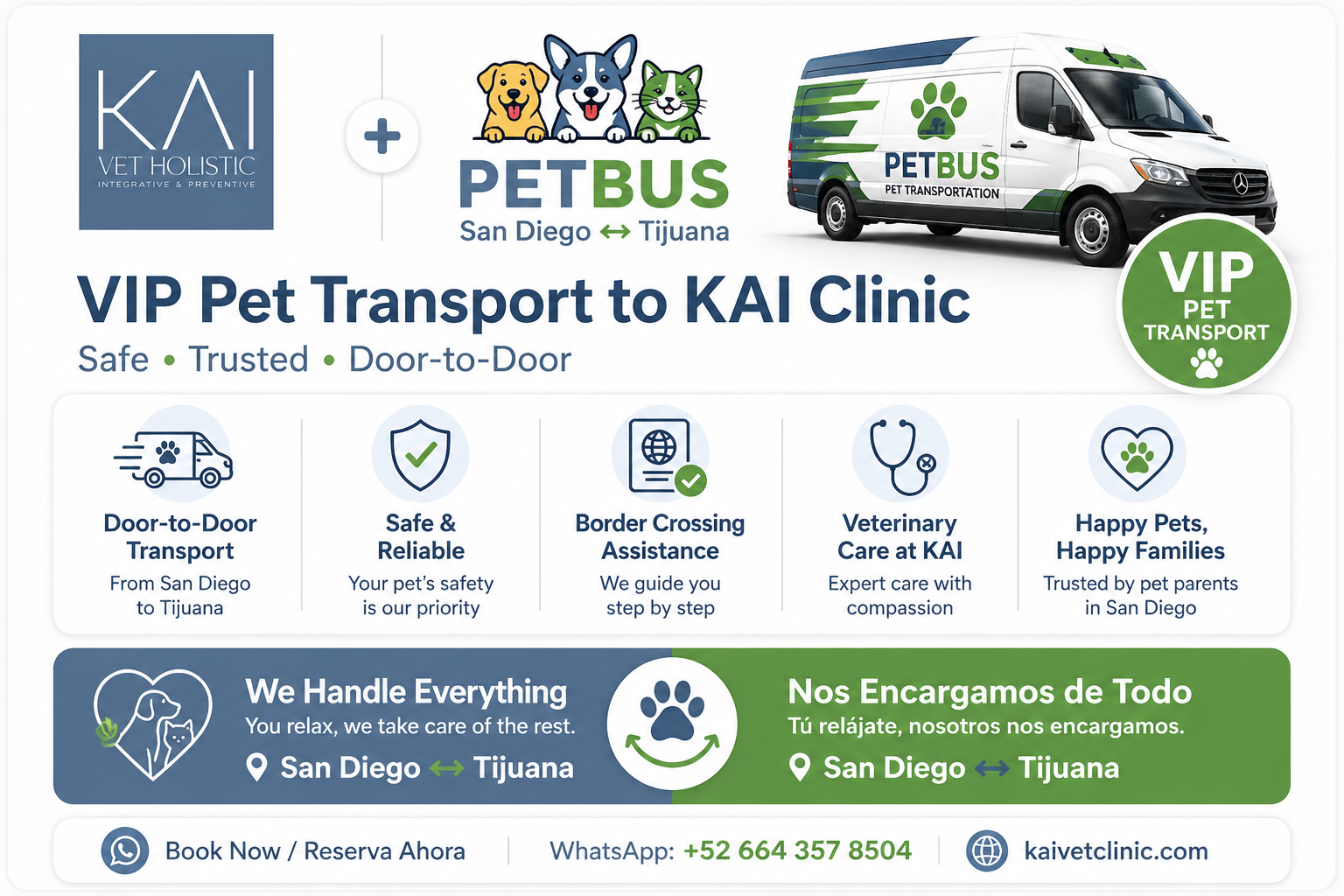 Flyer advertising VIP pet transport service between San Diego and Tijuana by KAI Vet Holistic and PetBus, featuring images of a pet transport van and cartoon dogs and cats.