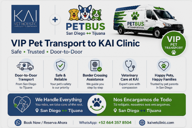 Flyer for VIP Pet Transport from San Diego to Tijuana, featuring KAI VET HOLISTIC, PET BUS, and a Mercedes-Benz van with pet icons, highlighting services like door-to-door transport, safe and reliable care, border crossing assistance, veterinary care, and happy pet families.
