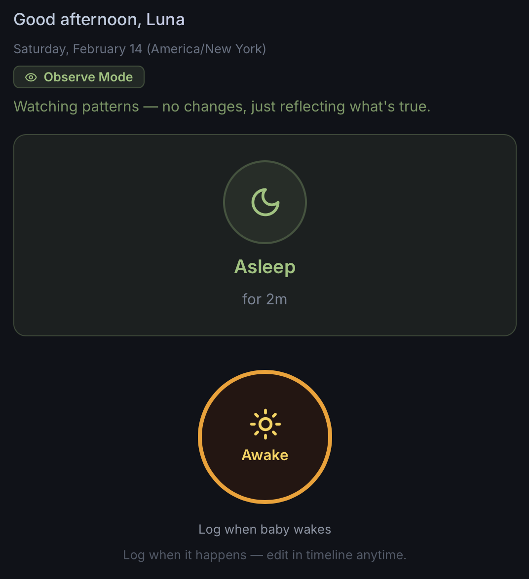 A digital sleep monitoring app interface showing two options: a green circle with a crescent moon icon and text 'Asleep for 2m,' and a large orange and yellow circle with a sun icon and text 'Awake.' The app includes a message about logging when a baby wakes.