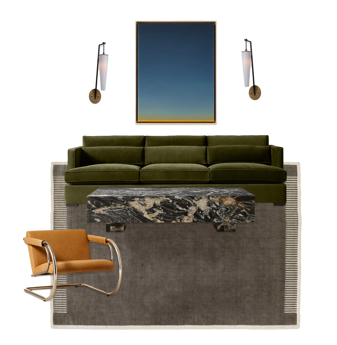 Living room designed by Studio Smith with an olive green mohair sofa, black marble coffee table, mocha rug, tan leather chair and a blue sunset artwork between two wall sconces.