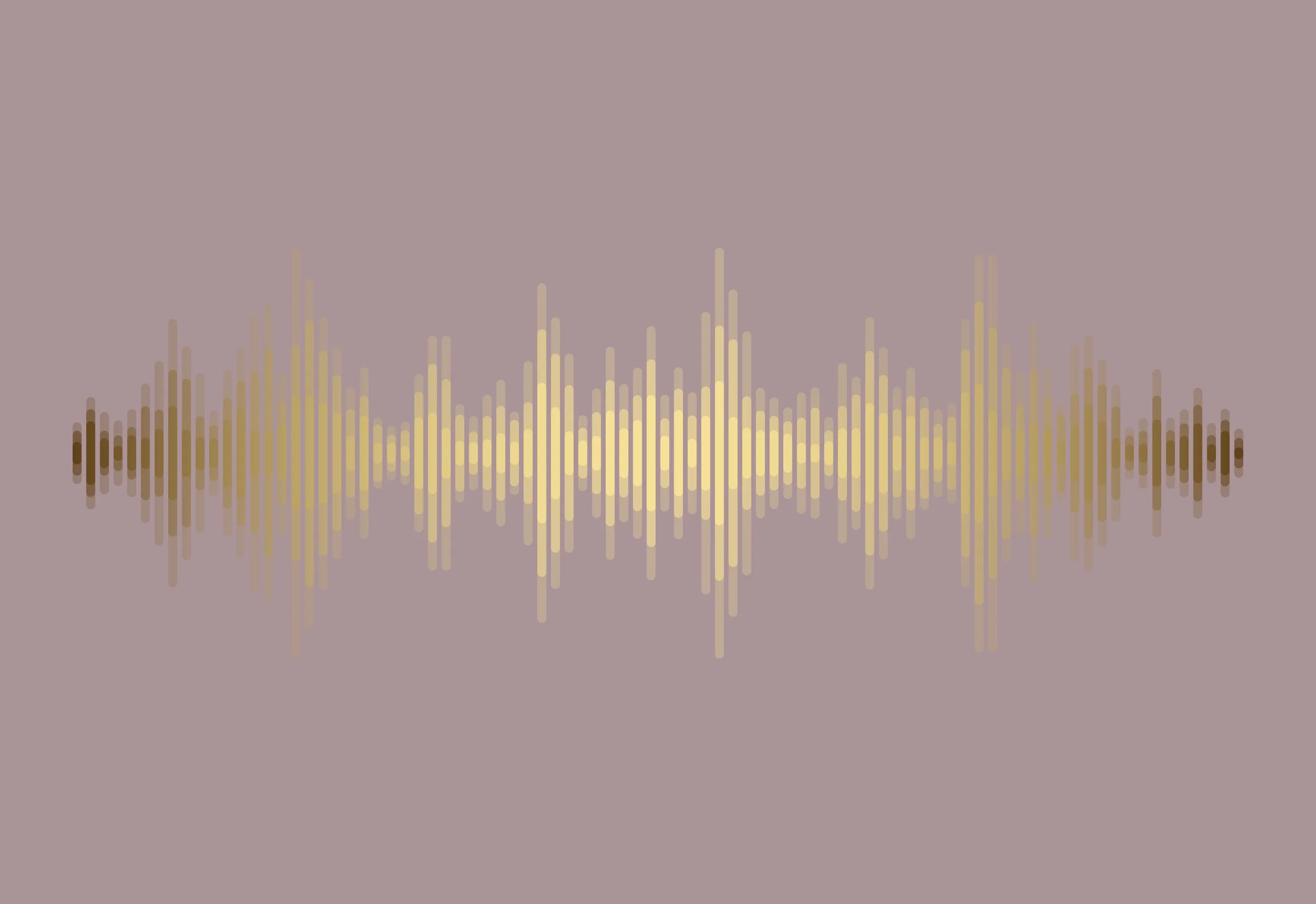 Stylized sound-wave graphic in soft gold on a muted lavender background, representing Sanskrit as vibration and sound.