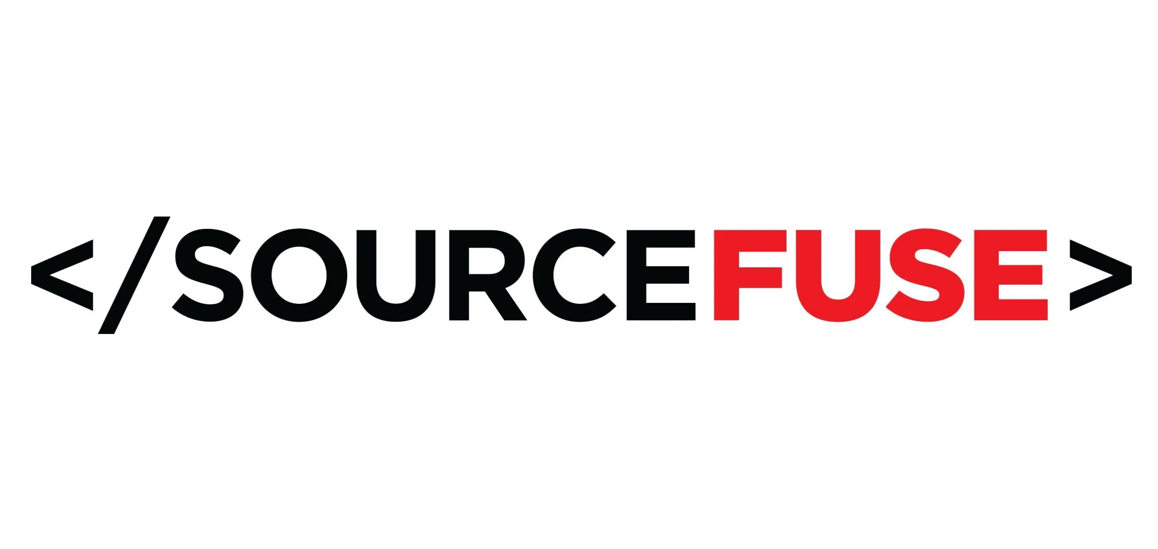 Logo with the text 'SOURCEFUSE' in black and red, with angle brackets on either side, on a white background.