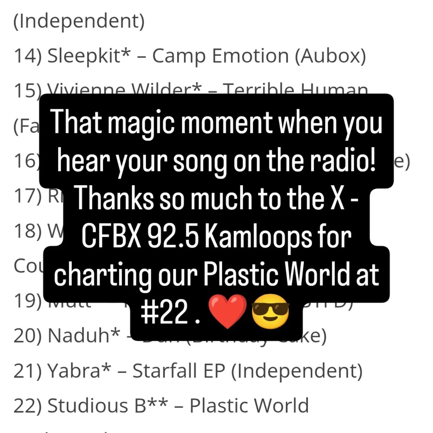 Thanks so much to CFBX 92.5 for spinning our tunes! Plastic World debuts at #22 ❤️🎉🤗