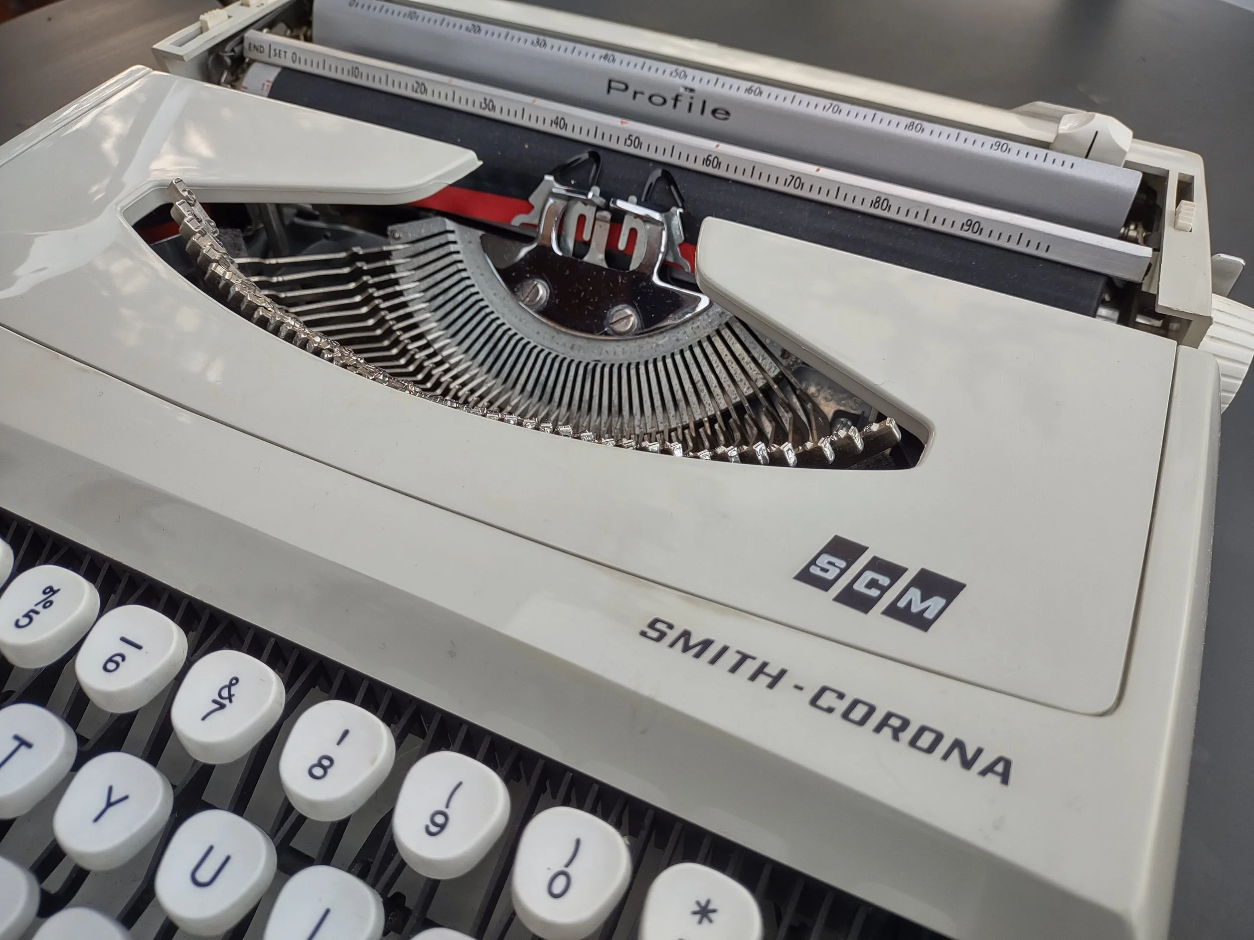 Smith-Corona Profile portable typewriter, branding and key detail
