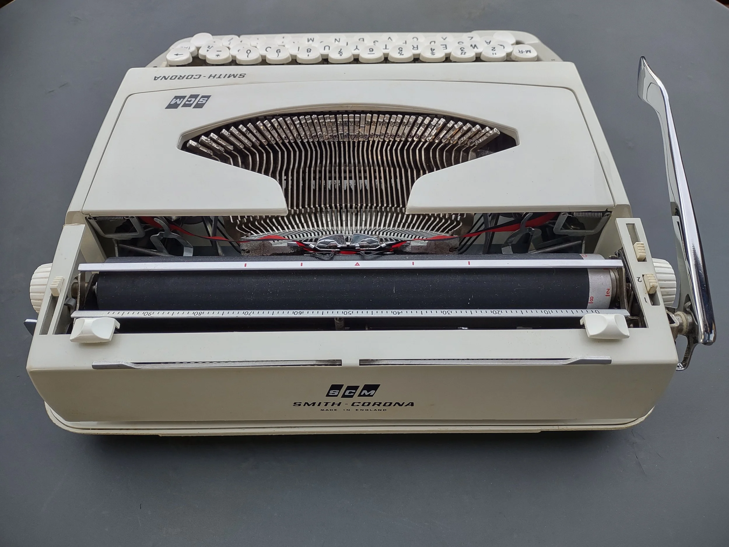 Smith-Corona Profile portable typewriter, rear view with paper support