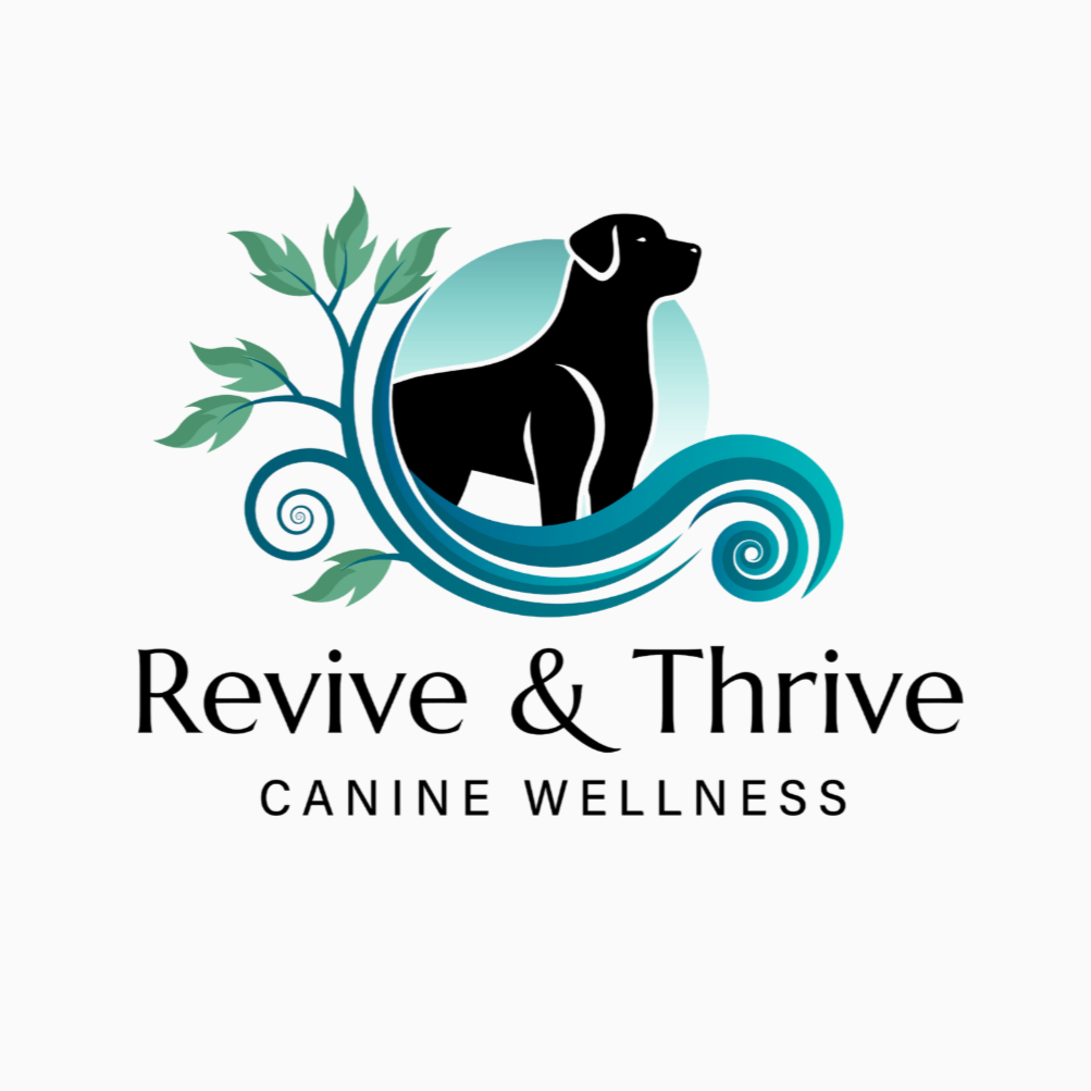 Logo for holistic dog company Revive & Thrive Canine Wellness featuring a black dog silhouette, green leaves, and blue swirling waves.
