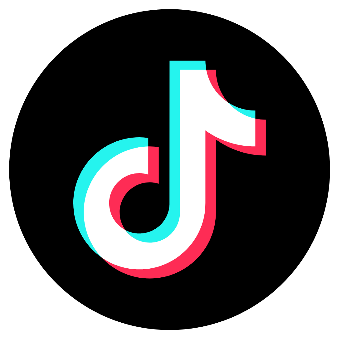 TikTok app logo with a black circular background and stylized musical note in white, blue, and red shades.