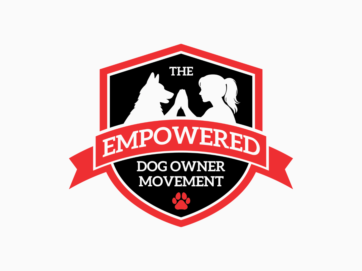 A badge for The Empowered Dog Owner Movement online dog training and wellness courses with a black background, red and white accents, featuring a silhouette of a woman and a dog with their paws touching,