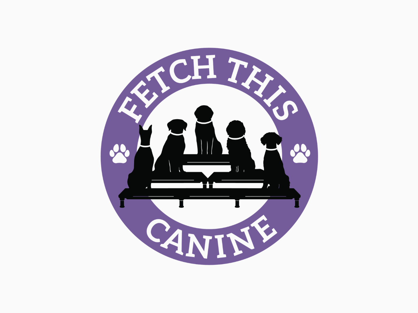 Fetch This Canine dog training logo and silhouettes of five dogs sitting on benches inside a purple circle, with paw prints on either side.