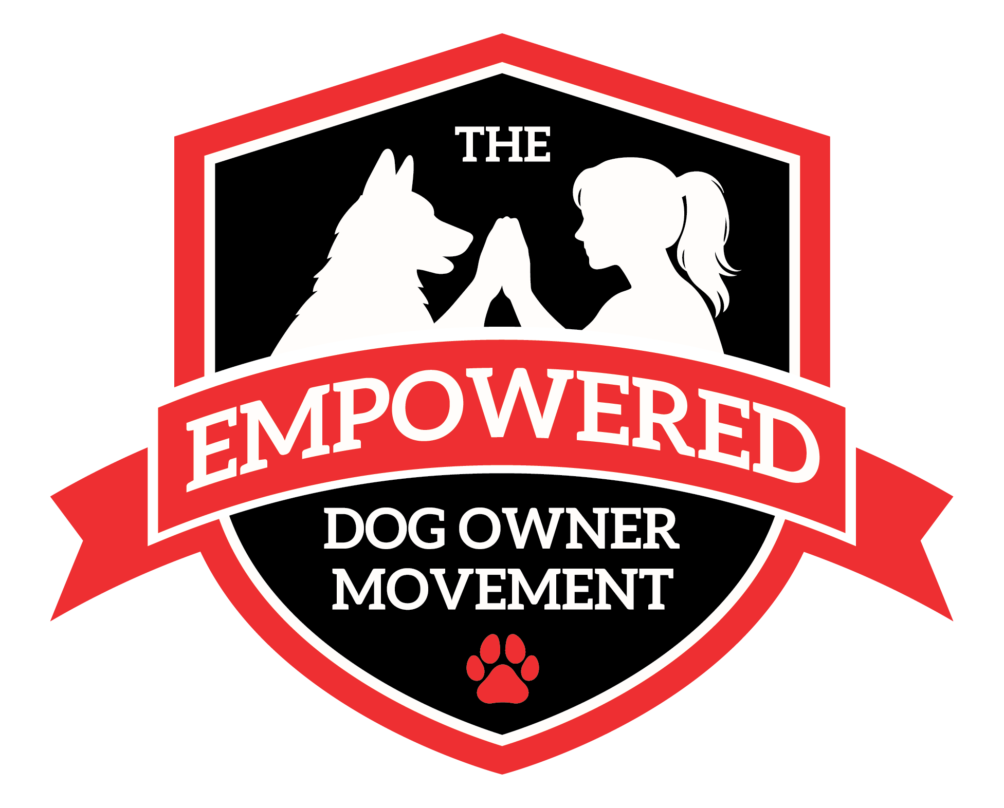 A badge for online dog training and wellness courses The Empowered Dog Owner Movement with a black background and red and white outline. It features a silhouette of a dog and a woman giving each other a high five at the top.