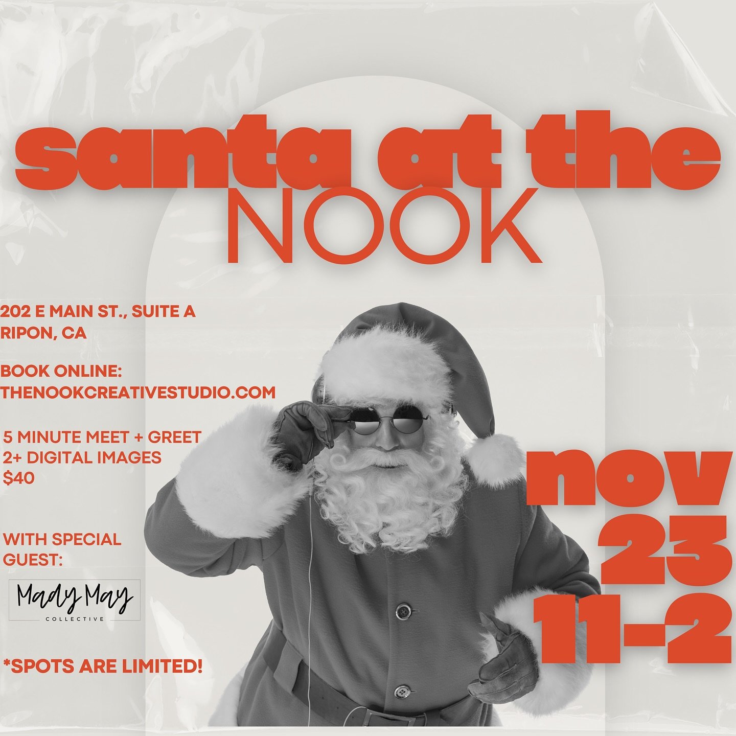 🎅✨ Get into the holiday spirit with a festive 5-minute meet &amp; greet with Santa at The NOOK! ✨📸 Spots are limited, so be sure to book today on our website! Special guest @madymay.collective will be there joining in on the fun&mdash;with her holi