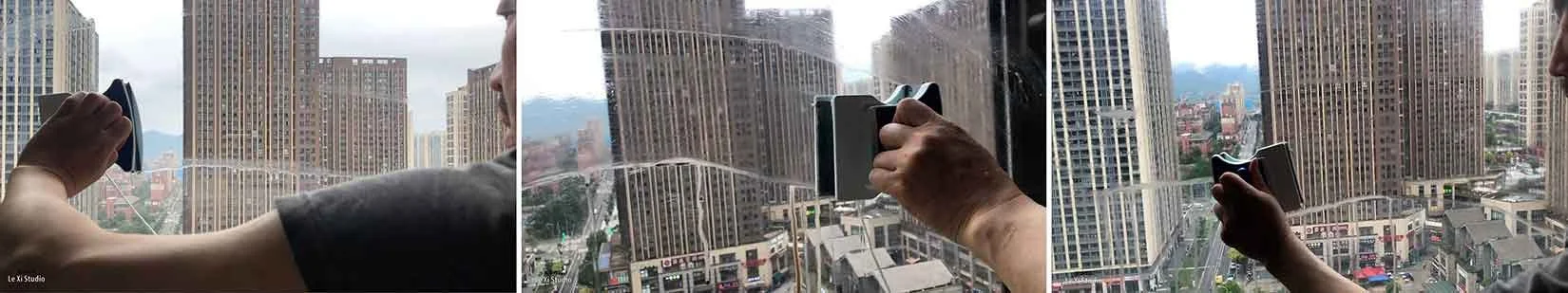 Three selected frames from the single-channel video artwork Cleaning Windows by Le Xi, showing repetitive window-cleaning gestures that reveal the relationship between the body, glass, and the surrounding urban environment.