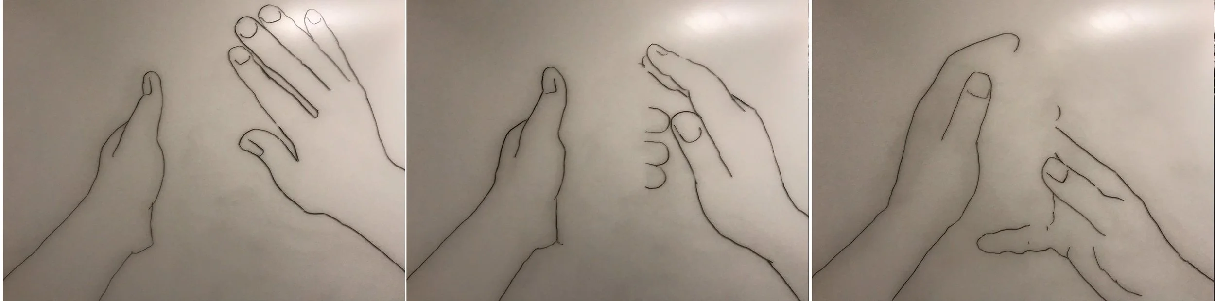 Three selected frames from the single-channel video artwork Smartphones (2024) by Le Xi, showing repetitive hand gestures associated with everyday smartphone use.