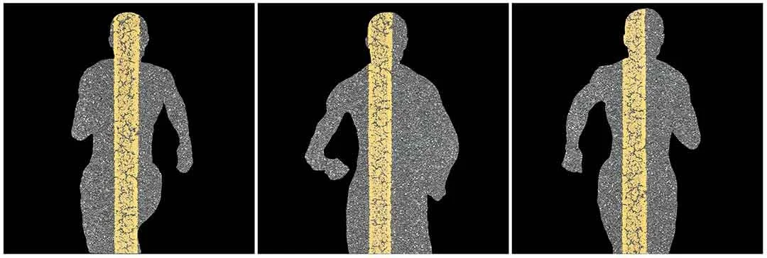 A shadow of Le Xi running on a yellow line, symbolizing the interplay between freedom and societal rules in urban life