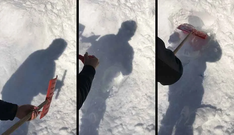 Three selected frames from the single-channel video artwork Shovel the Snow in the North (Year) by Le Xi, showing a body striking a shovel repeatedly against its own shadow on snow.