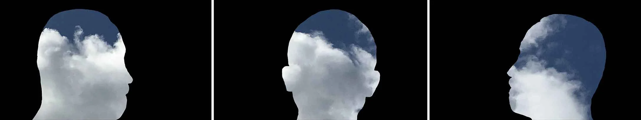 Three selected frames from the single-channel video installation Drift with the Wind by Le Xi, showing the artist's rotating face visually merging with drifting clouds through smartphone recording.