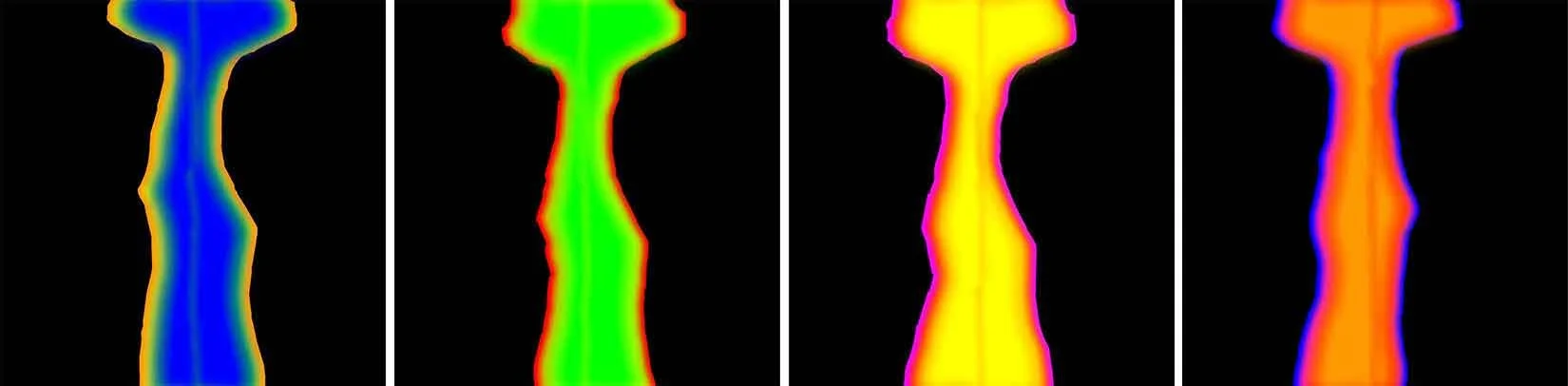 Three selected frames from the single-channel video artwork Husband and Wife Run in Sync (Year) by Le Xi, showing debodied running figures and shifting chromatic bands of kinetic movement.