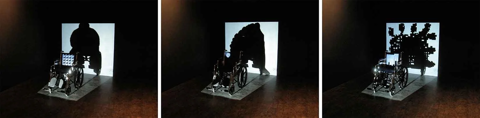 Three selected frames from the hybrid media installation artwork Wheelchair (Year) by Le Xi, showing a physical wheelchair locked into fixed light beams and animated shadow lines.