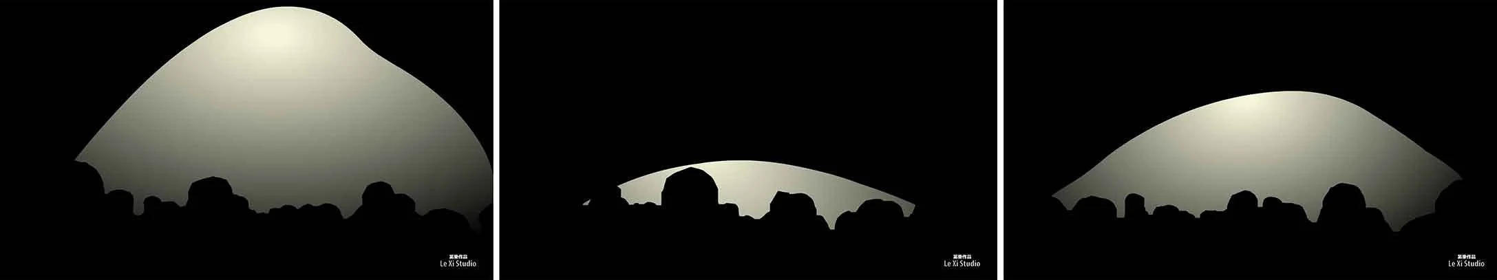 Three selected frames from the single-channel video artwork Crowd Shadows  by Le Xi, showing overlapping shadows of people transformed through digital extraction and layered movement.