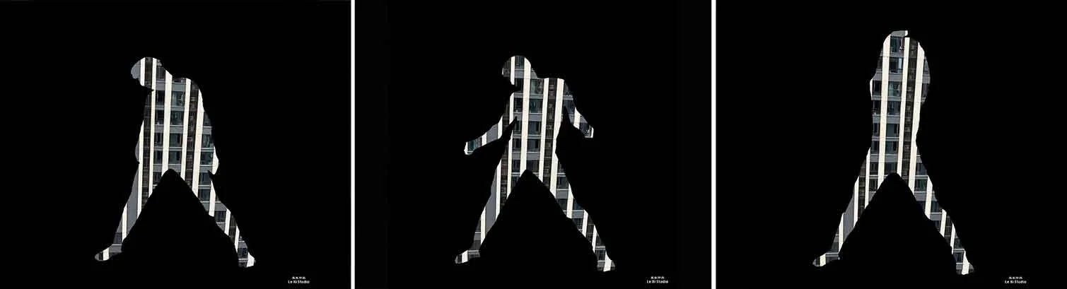 Three selected frames from the single-channel video artwork Where Body Meets Building (Year) by Le Xi, showing bodily silhouettes acting as transparent keying windows over moving architectural grids.