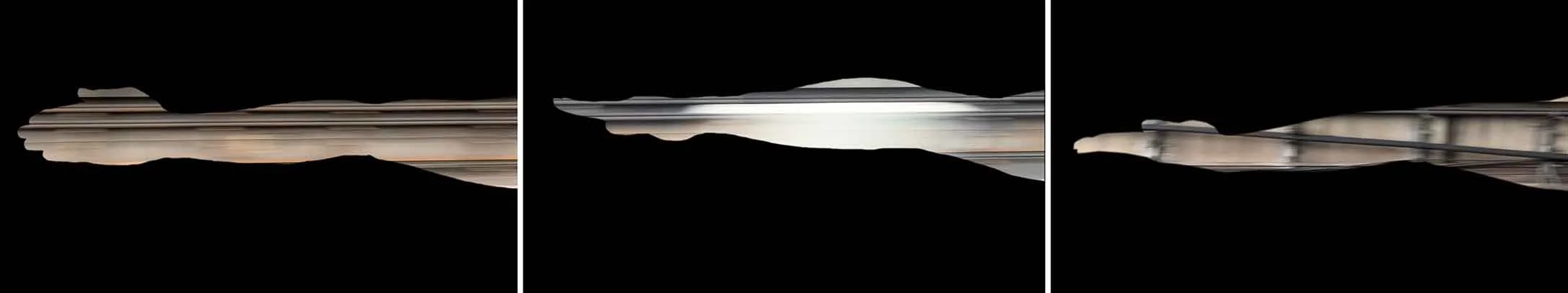 Three selected frames from the single-channel video artwork Dynamic Resonance by Le Xi, showing an arm synchronized with the movement of a subway and passing railway tracks.