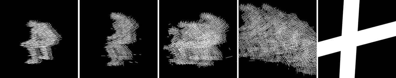 Three selected frames from the single-channel digital animation Crouch (2025) by Le Xi, showing a figure repeatedly crouching through abstract lines and minimal digital movement.