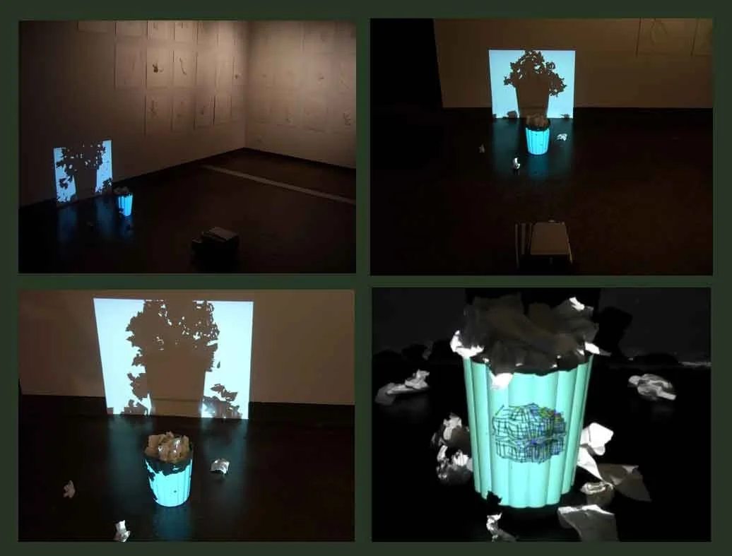 Four selected frames from the hybrid media installation artwork Trash Can (Year) by Le Xi, showing a physical trash can obstructing projected vector lines to create negative shadow spaces.