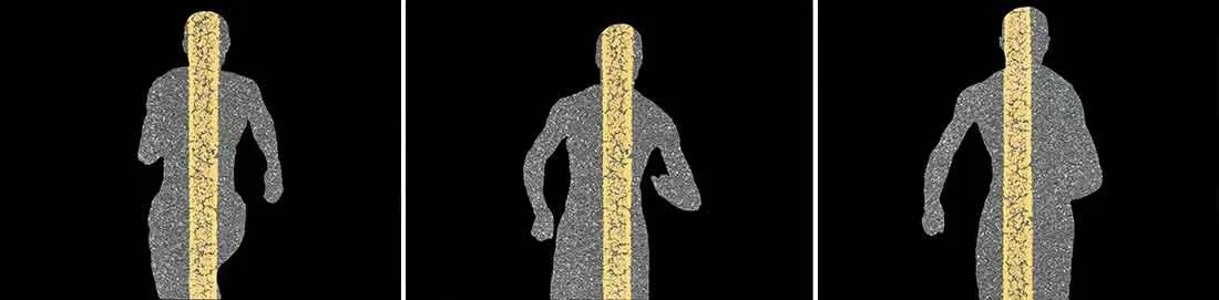 Three selected frames from the single-channel video artwork Yellow-Line (2022) by Le Xi, showing a figure interacting with a yellow painted road line in an urban environment.