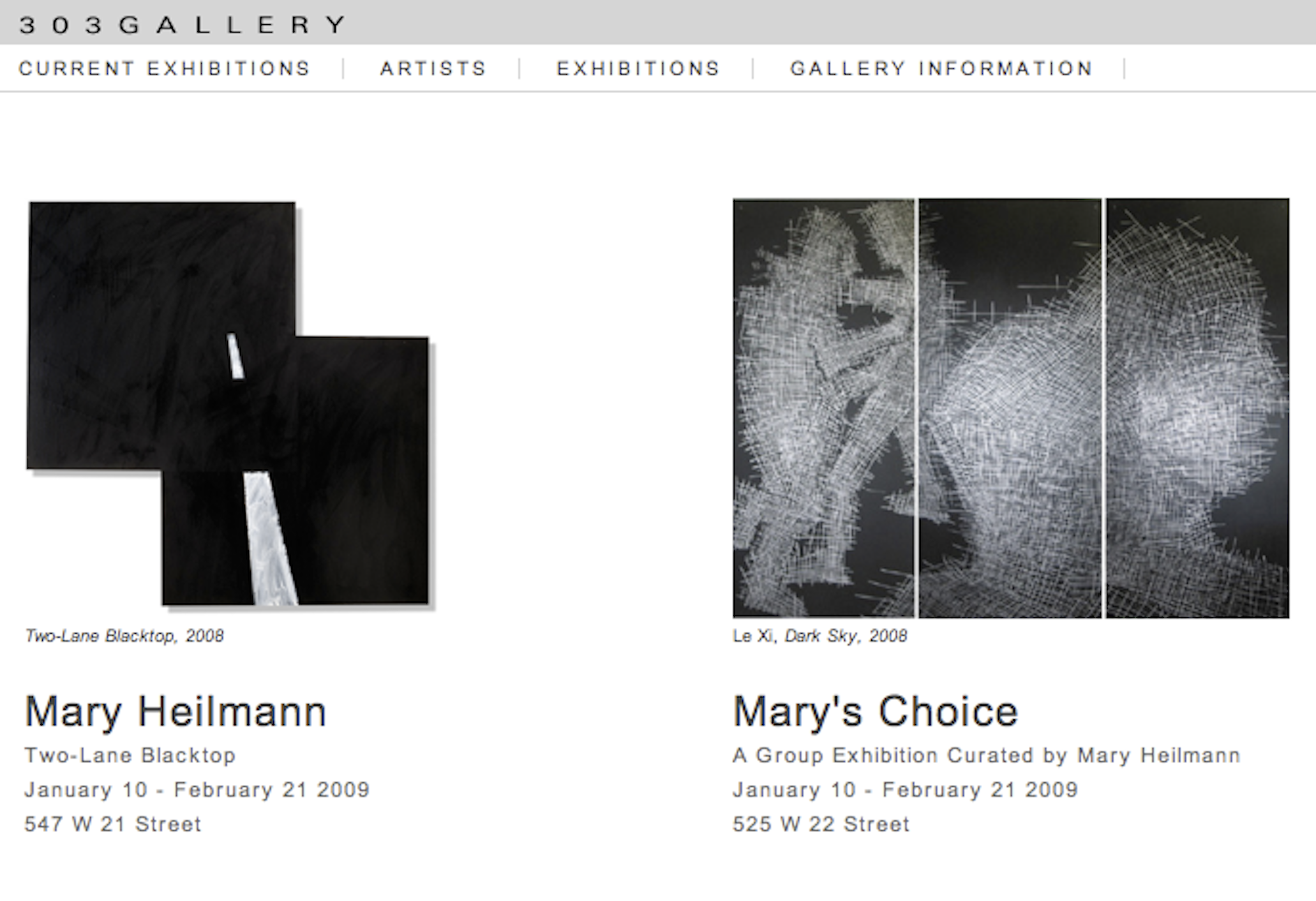 Screenshot of 303 Gallery's official website featuring Le Xi's artwork side-by-side with Mary Heilmann's for the 'Mary's Choice' exhibition promotion.