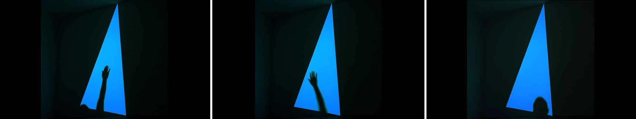 Three selected frames from the single-channel video artwork Jumping into James’s Blue (Year) by Le Xi, showing a physical arm reaching into James Turrell’s illuminated blue beam.