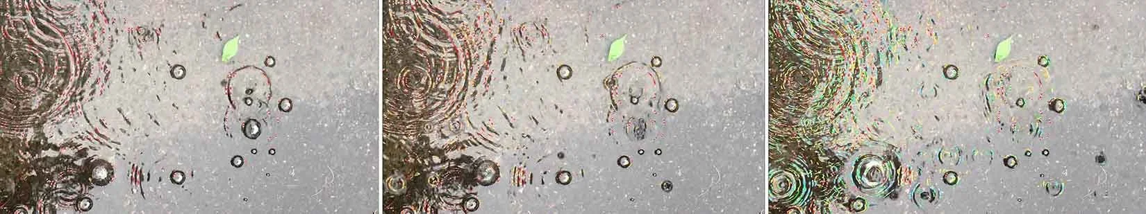 Three selected frames from the single-channel video artwork Raindrops by Le Xi, showing digitally transformed falling raindrops through variations of light, color, and movement.