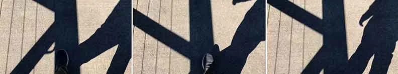Three selected frames from the single-channel video artwork The Narrow Bridge (Year) by Le Xi, showing top-down camera alignment forcing the physical body to merge with its leading shadow.