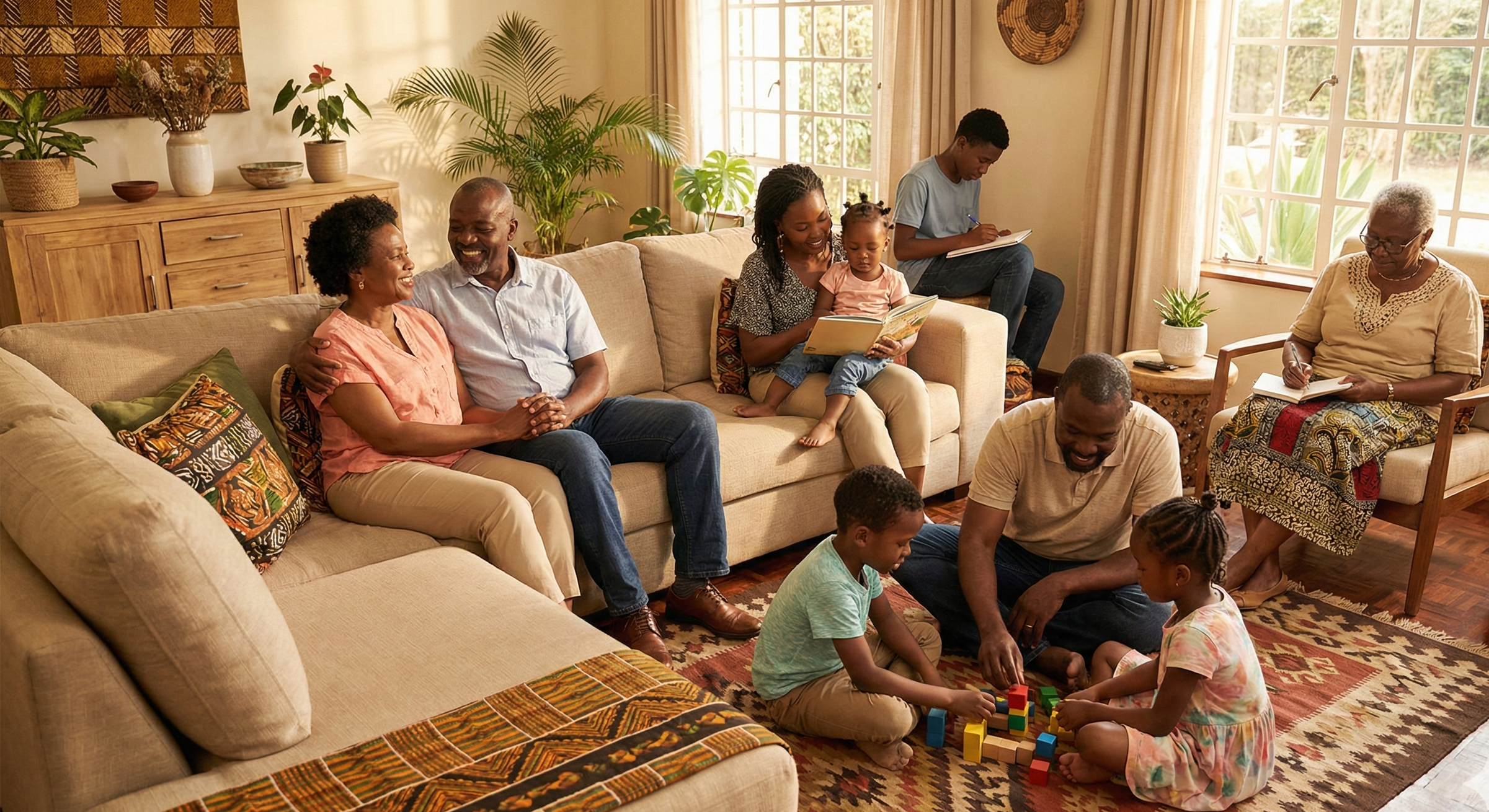 Therapy in Kenya. Multi-generational African American family gathers in living room, engaging in reading and playing with toys, with sunlight through large windows and cozy decor.
