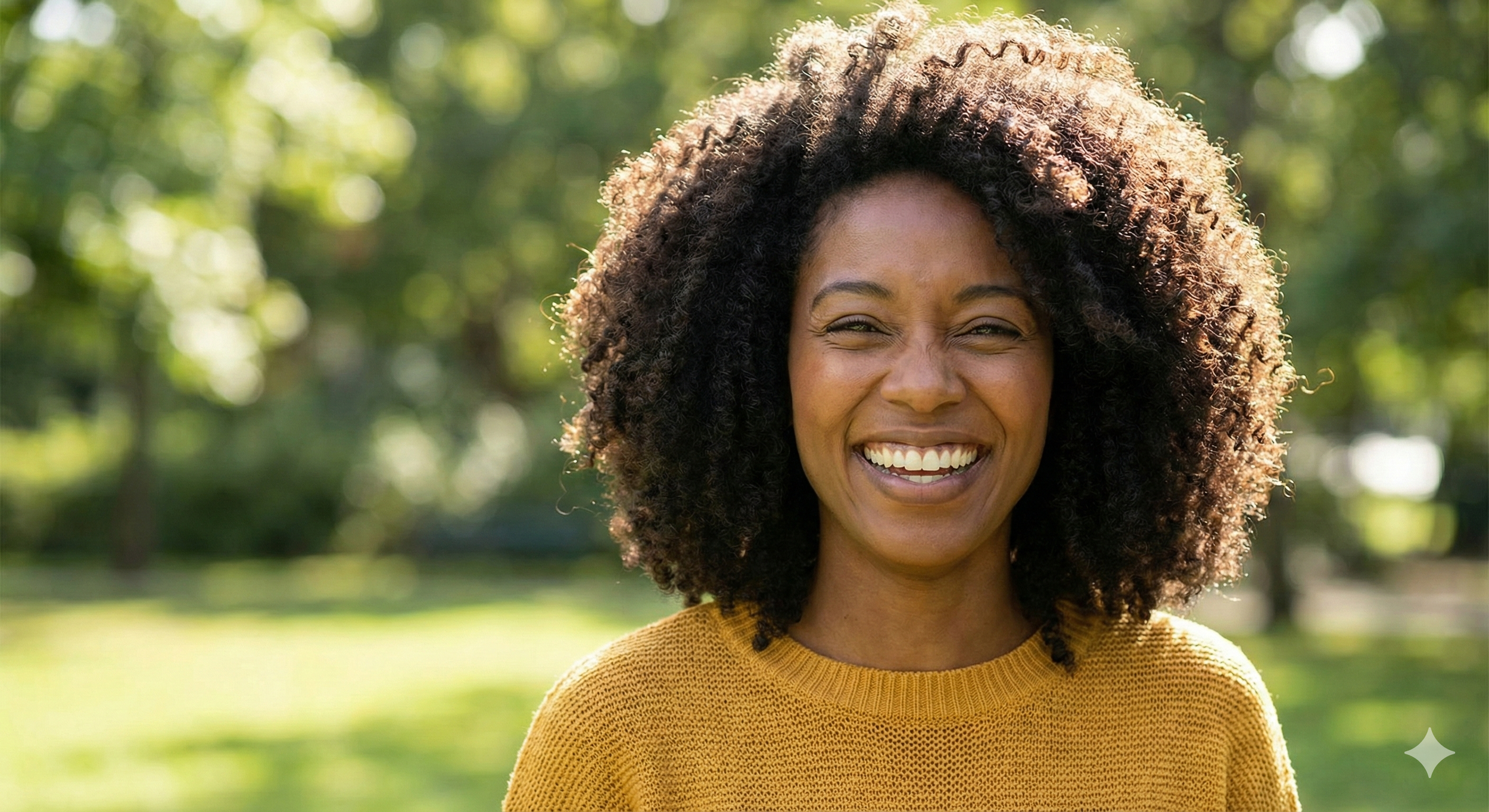 Therapy in Kenya.  A woman with curly dark hair wearing a mustard yellow sweater, smiling outdoors on a sunny day with green trees in the background.