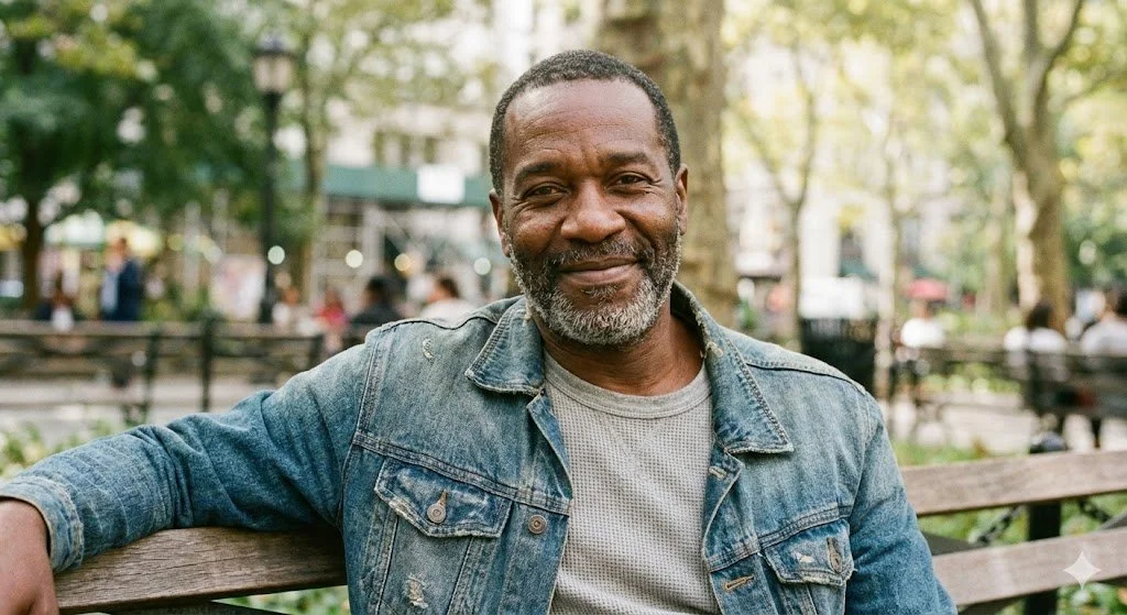 Therapy in Kenya.  A middle-aged man with a beard smiling and sitting on a park bench, wearing a denim jacket in a park with trees and other people in the background.