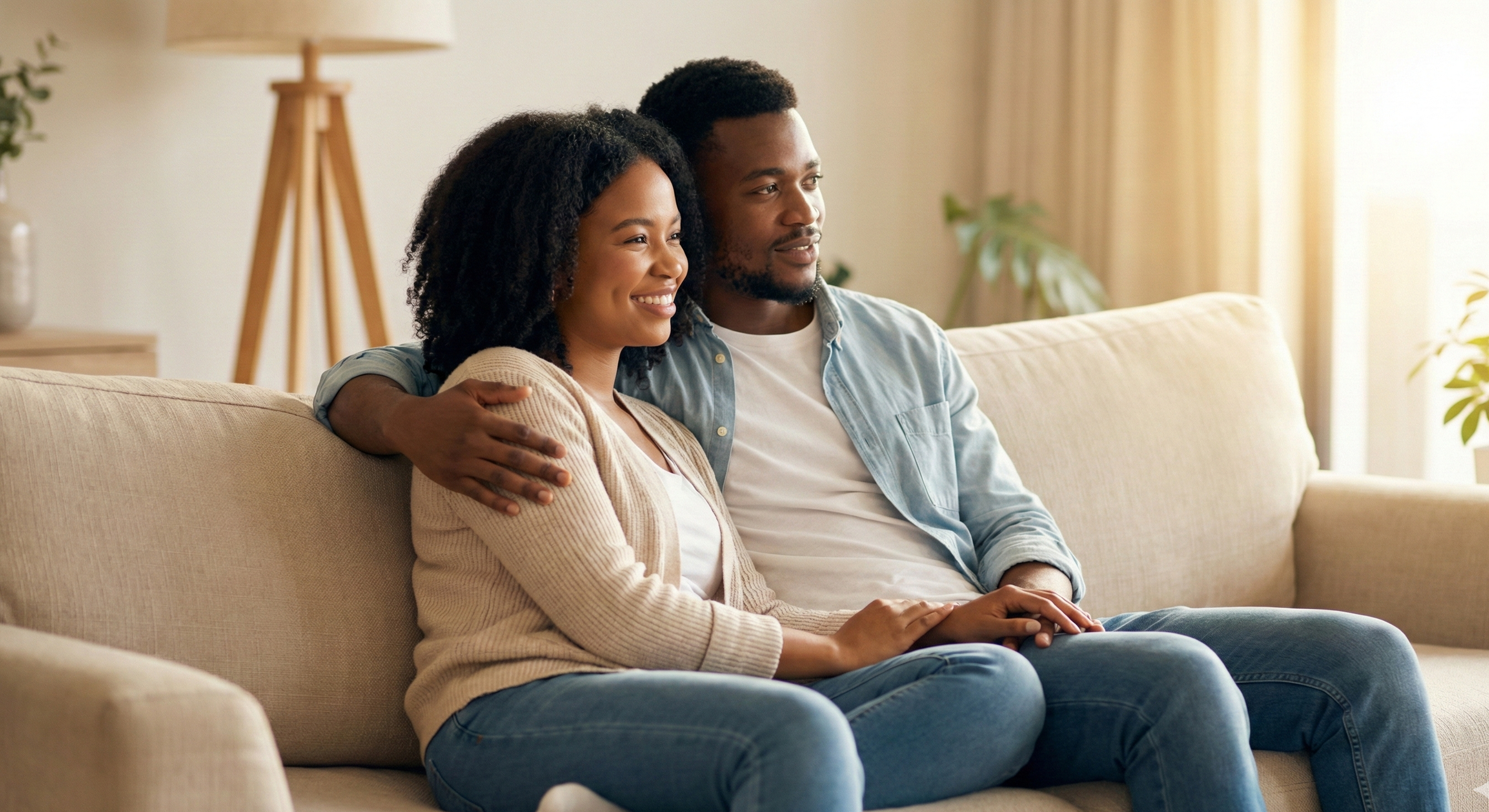 Therapy in Kenya.  A happy couple sitting on a beige couch in a living room, with the man hugging the woman from behind and both smiling, during daytime.