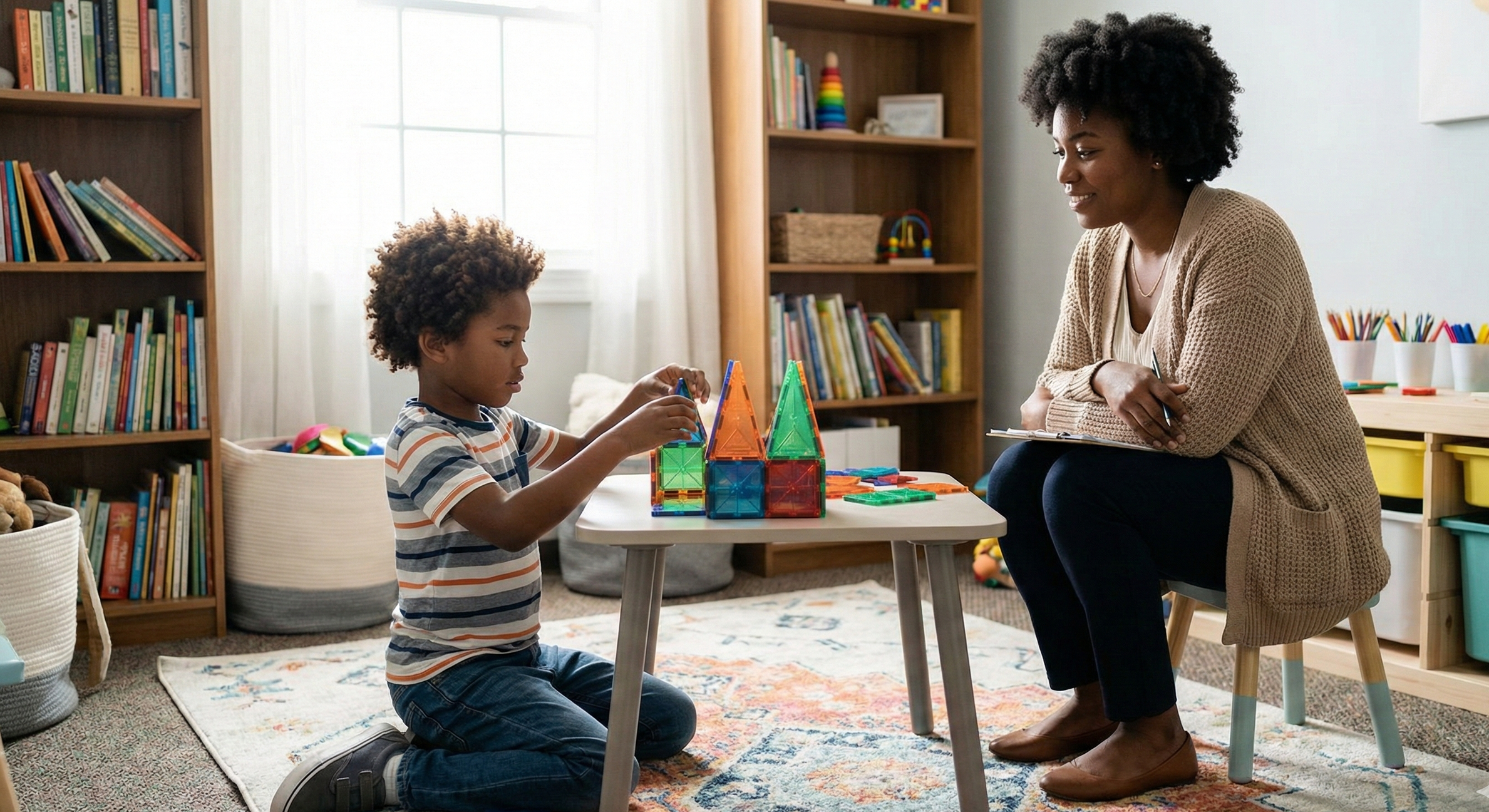 Therapy in Kenya. An adult woman and a young boy are playing with colorful magnetic building tiles at a small table in a cozy, well-lit playroom with bookshelves and toys in the background.
