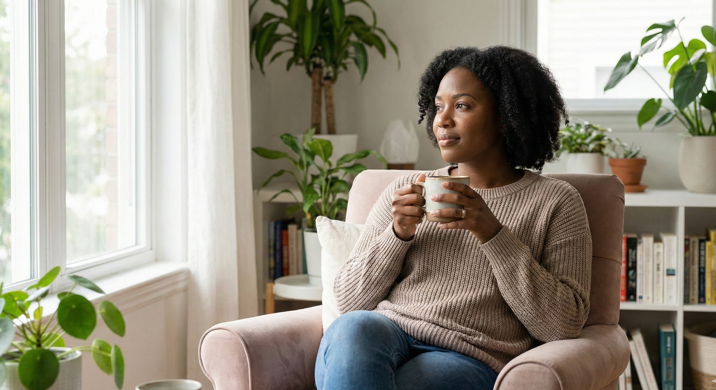 Therapy in Kenya. A woman sitting on a pink armchair holding a mug, looking out the window in a cozy, plant-filled living room.