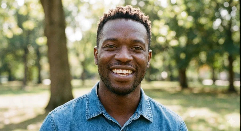 Therapy in Kenya.  Smiling man outdoors in a park with trees in the background