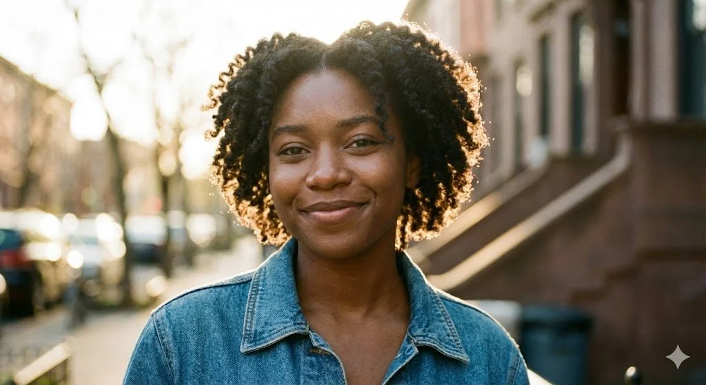 Therapy in Kenya. A woman with natural curly hair smiling outdoors in a neighborhood during sunset.