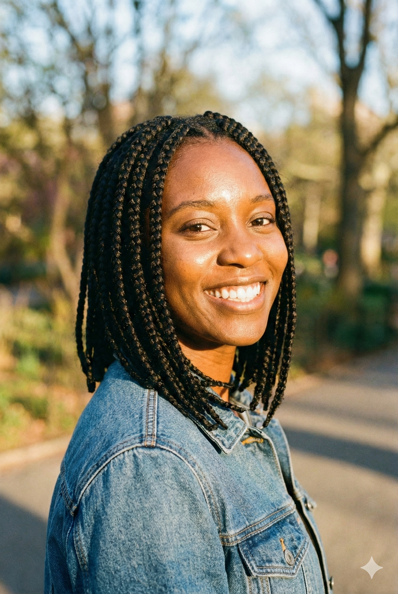 Therapy in Kenya.  A woman with braids smiling outdoors in a sunny setting with trees in the background.