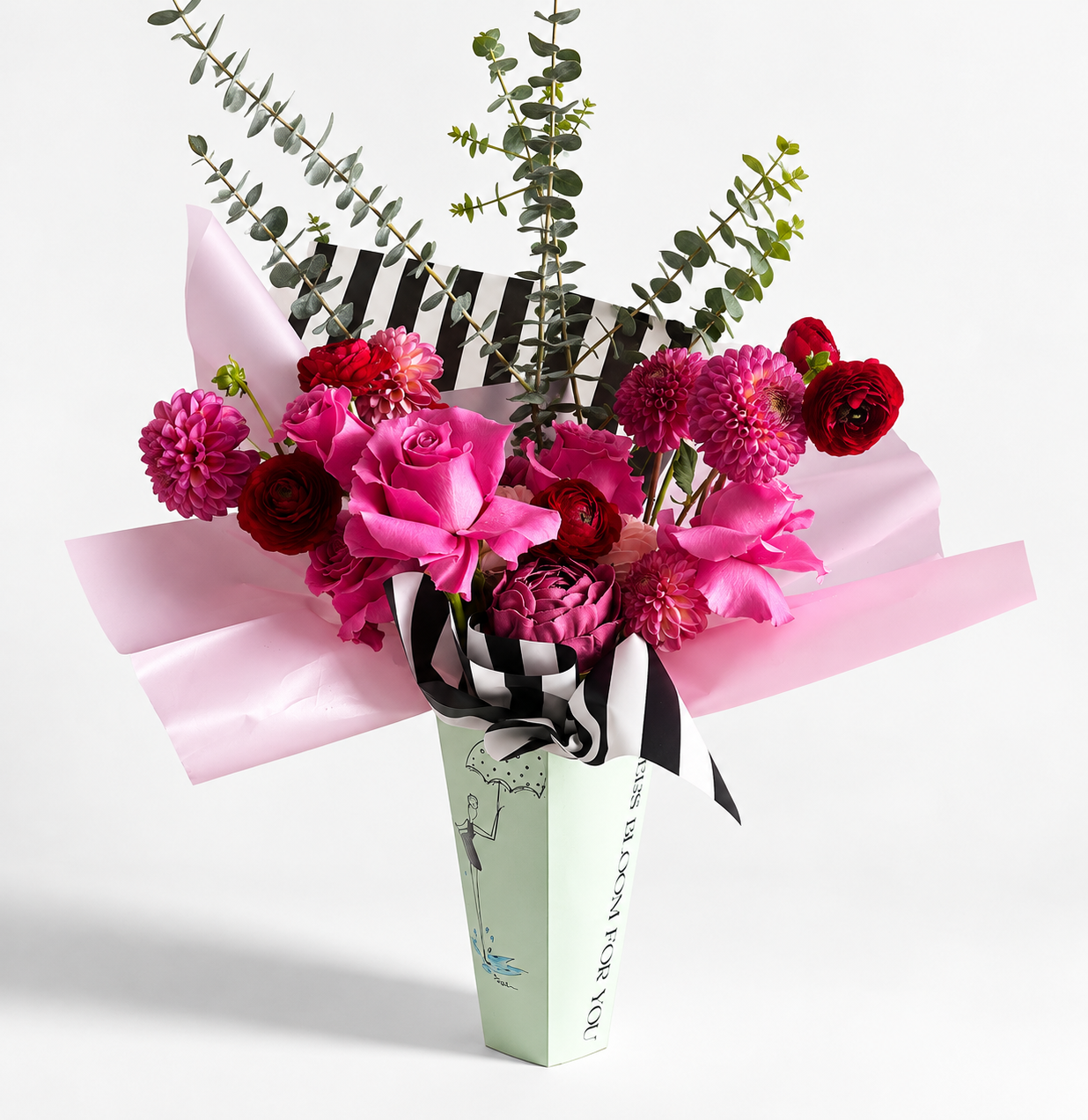 Vibrant Pink Bouquet in Mint Gift Cone.png