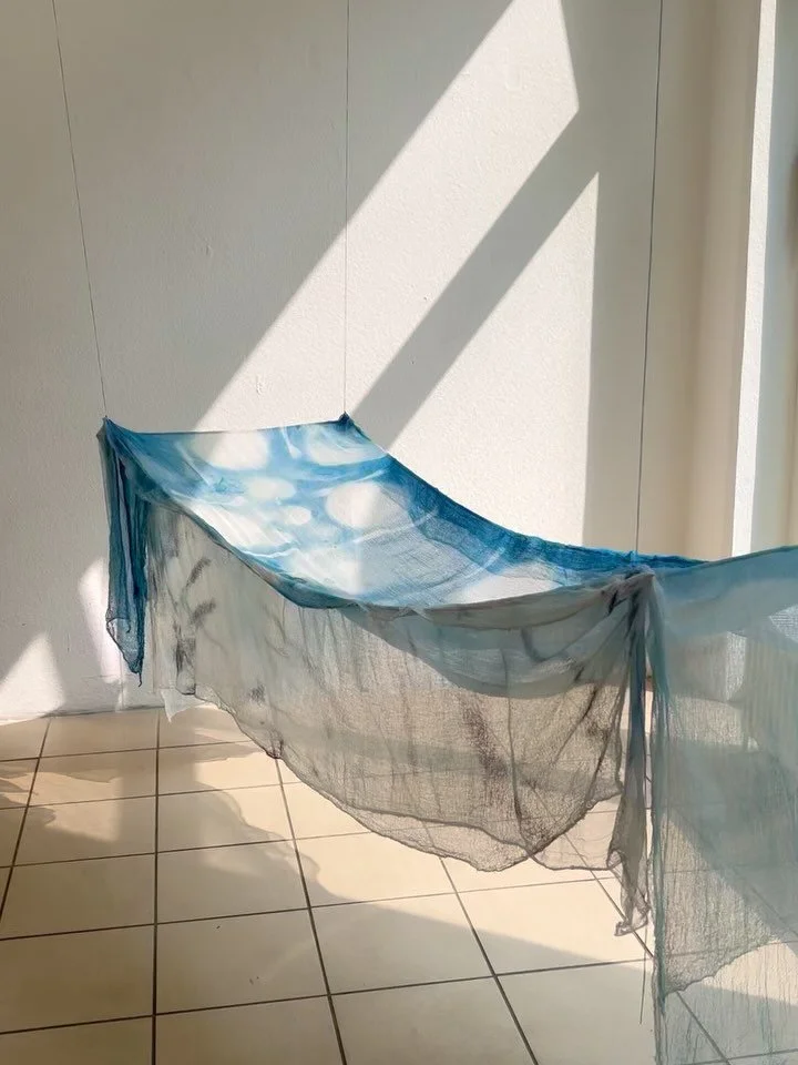 dinner table ! an installation made last month as a final work with @culterim_independent_class 

cyanotype on muslin cloth, candle wax, wine spills, thread, time &mdash;  collaborative work with all the fellow artists round the table that i&rsquo;ve